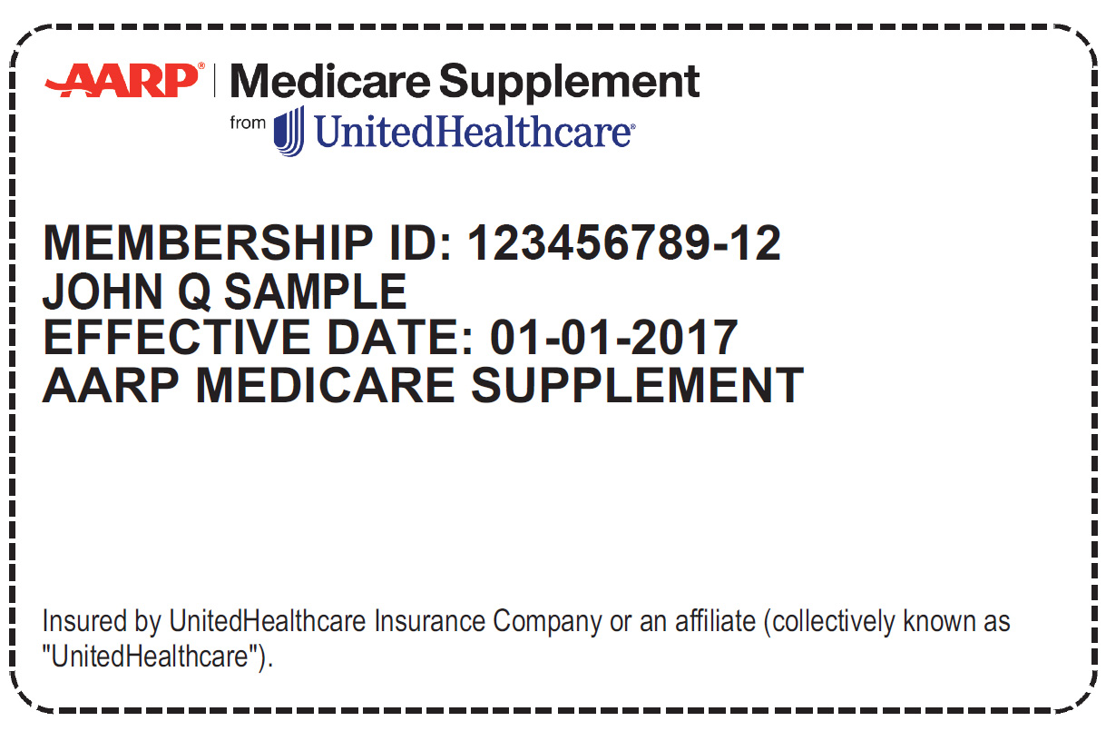 A sample ID card for an AARP Medicare Supplement Insurance Plan that includes logos for AARP and UnitedHealthcare 